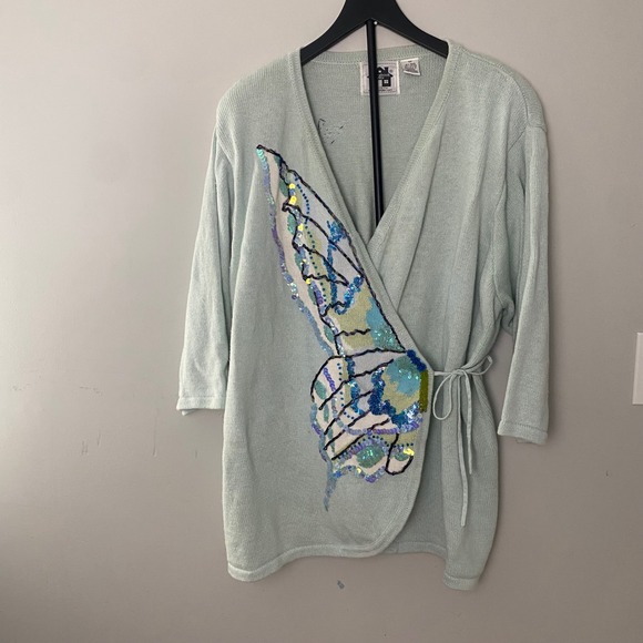90´s Storybook Knits 3X Blue Butterfly Sequin Wrap...
